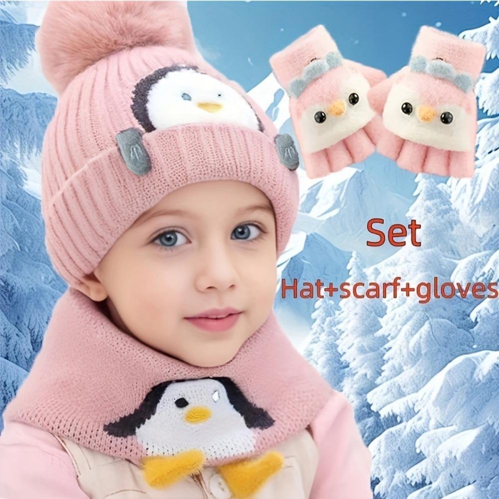 3-Piece Set, Cartoon Penguin Knit Winter Hat, Scarf, and Gloves for Infants, Warm Thickened Windproof Hat for Boys and Girls