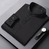 Men's Black Bamboo Fiber Shirt Long Sleeve Stand Collar Solid Color Casual Business Top