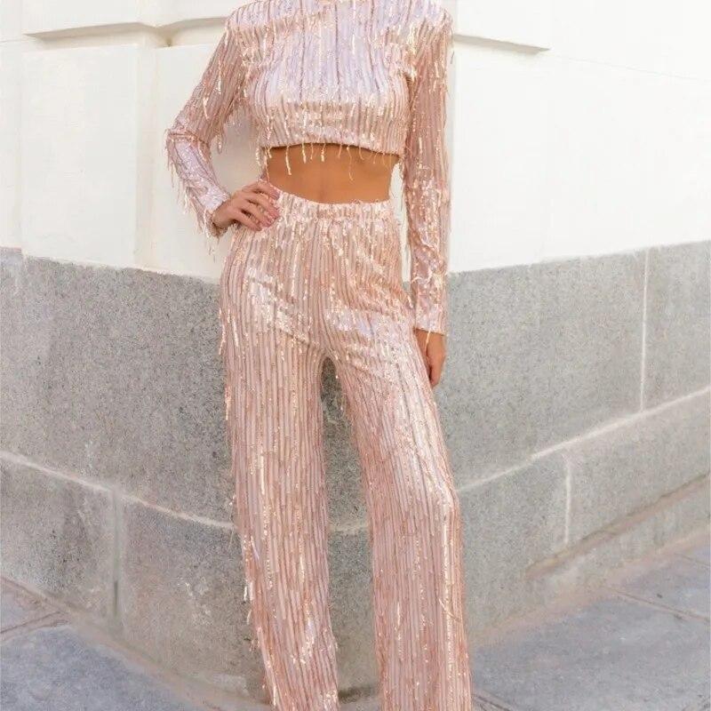 Paiete cu ciucuri Femei Seturi 2 piese Argintiu Mătase strălucitoare Topuri crop cu decolteu Pantaloni largi Pantaloni pentru femei Set de pantaloni pentru femeie Fashion Street Lady Set Legant Party Sexy Outfits