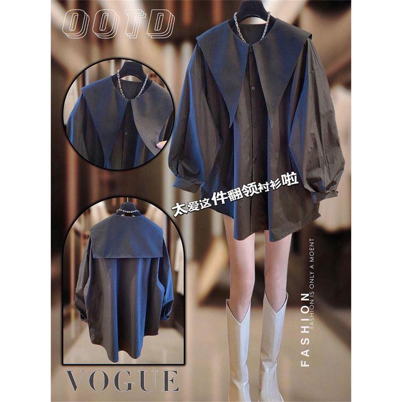 

Spring 2026 Unique Patchwork Long Sleeve Slimming Lapel Shirt for Women 4XL чорний