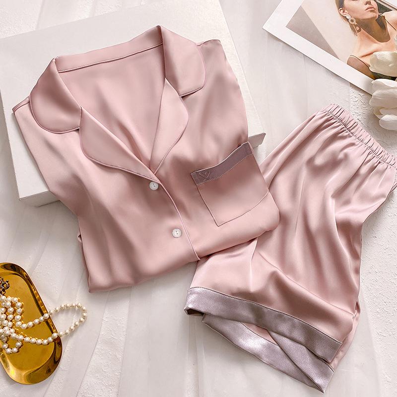 Solid Color Love Embroidery Ice Silk Short-Sleeved Loungewear Girl College Style Fashion Suit