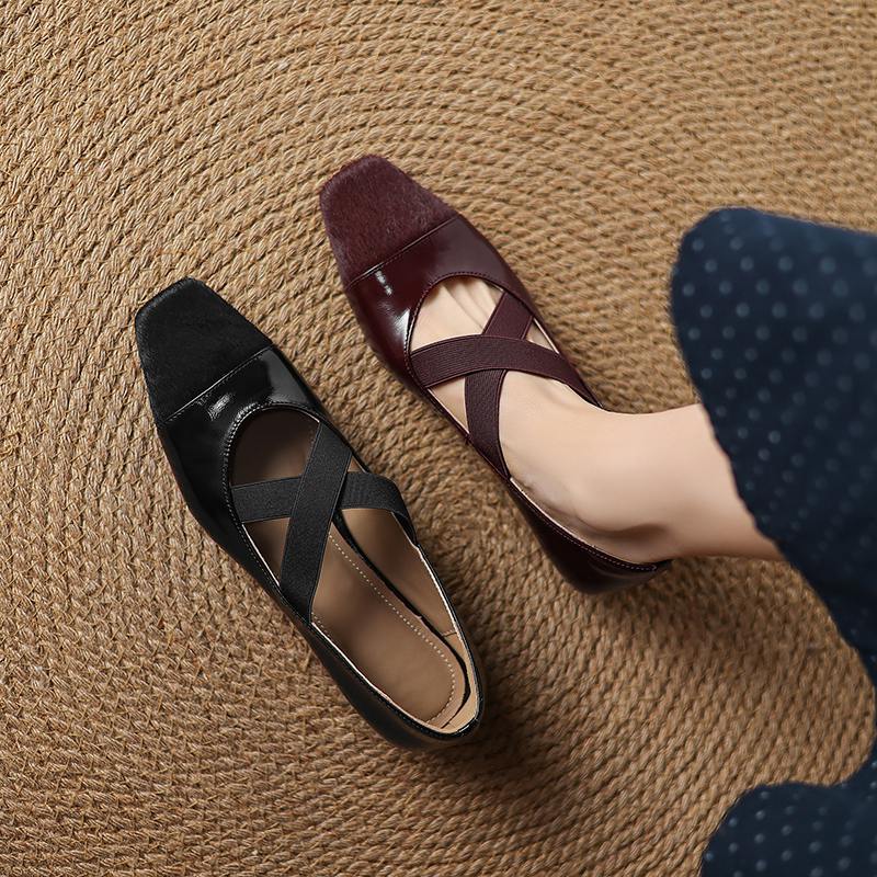 Krazing Pot Cow Skin Spring Summer Size 41 Horsehair Thick Low Heels Women Square Toe Basic Clothing Shallow Pumps
