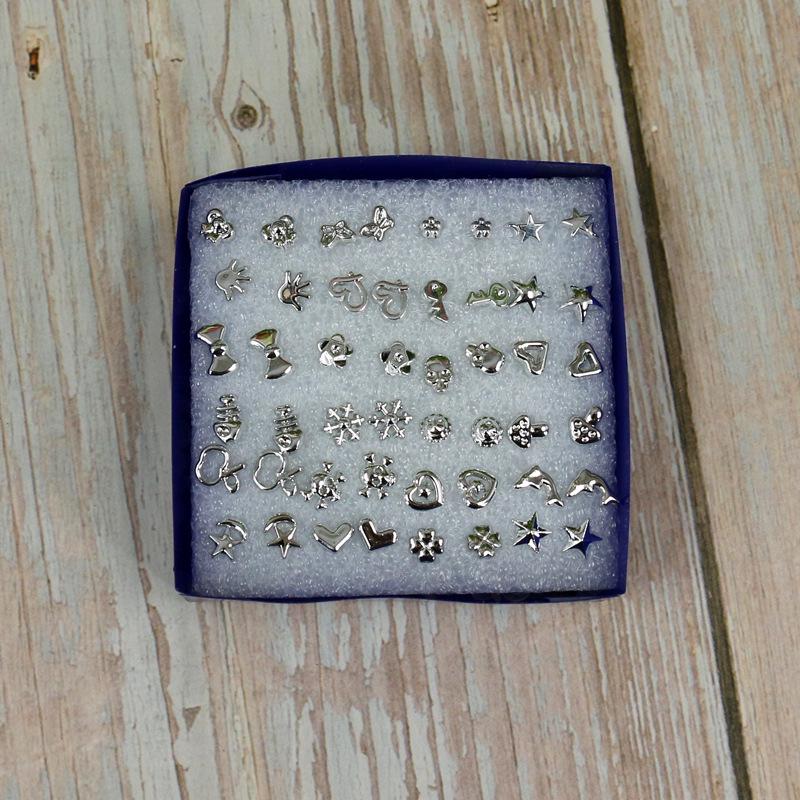 Boxed Set of 24 Mini Stud Earrings: Gold, Silver & Black with Plastic Posts