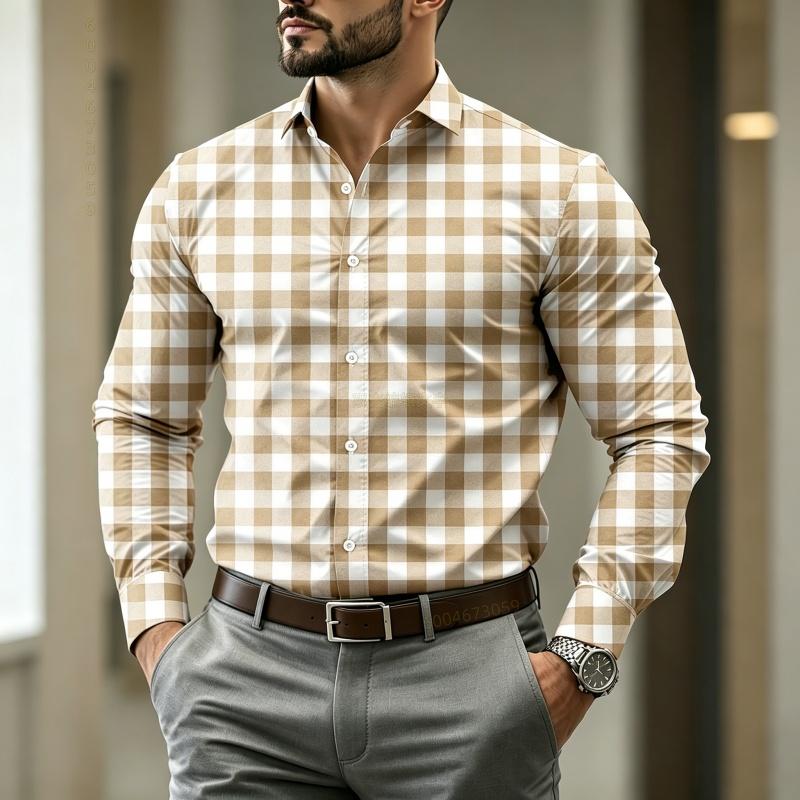 Wysokiej jakości męska koszula w kratę z długim rękawem o stylowym kroju, modna męska koszula w stylu business casual na wiosnę i jesień