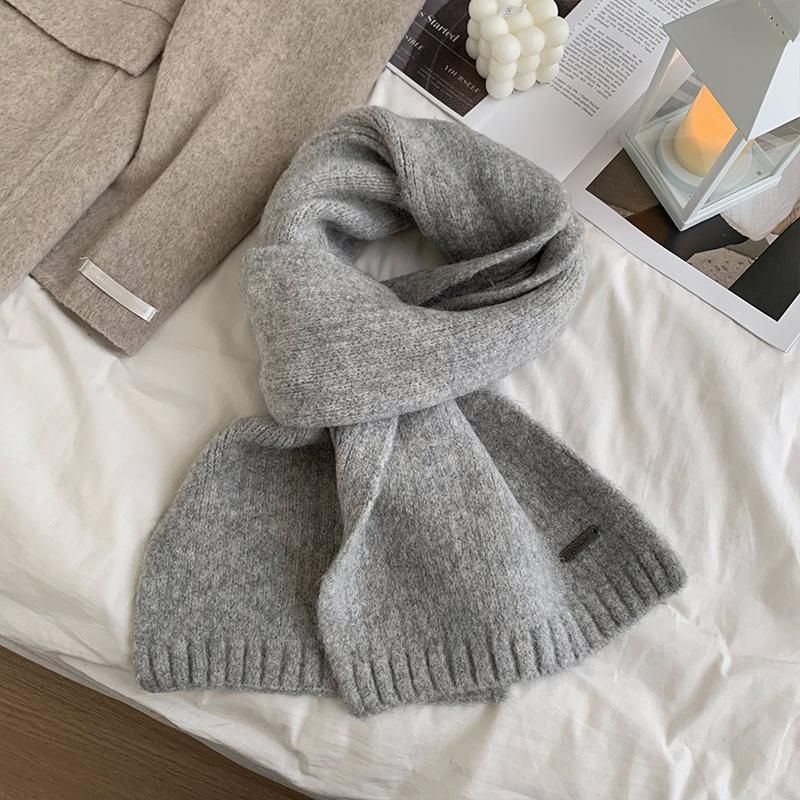 Korean Version Containing Wool Knitted Wool Solid Color Scarf for Women in Winter Thickened and Warm Versatile High End Cold Proof Scarf Trendy