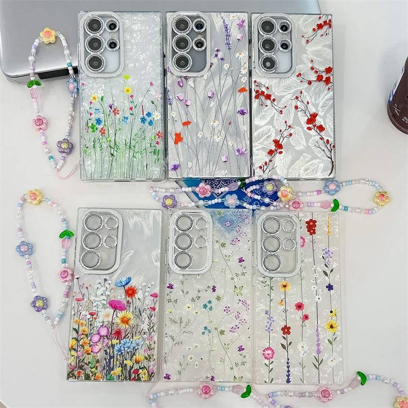 Small Floral Imd Hard Shell Summer Suitable for Samsung S25 S24 Ultra Mobile Phone Case with Lens Film Bracelet
