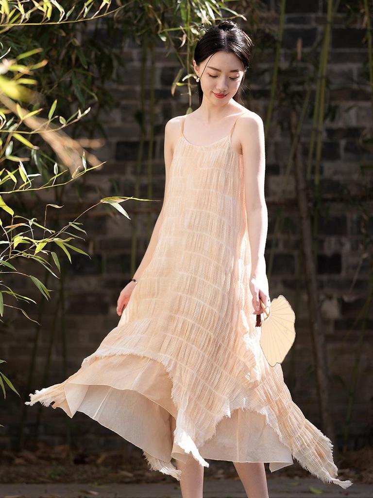 Handmade Plant-Dyed Crinkled Jacquard Irregular Maxi Dress for Women - Fairy-like, Slimming Camisole, Perfect for Summer Travel Photography