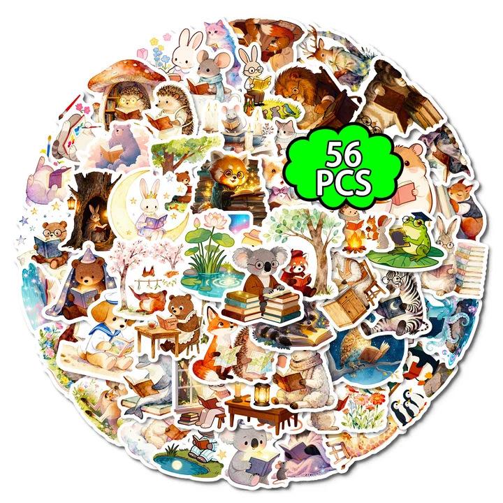 

56 Literary And Artistic Cute Pet Reading Stickers Animal Reading Hand Account Stickers Student Notebook Diy Decorative Waterproof Stickers
