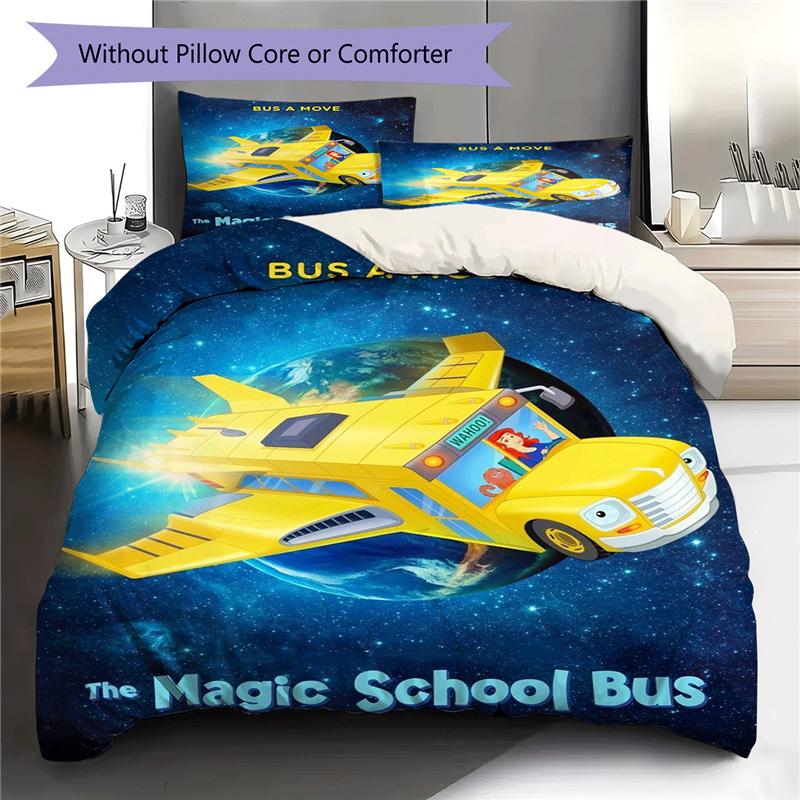 The Magic School Bus Cartoon Pattern Duvet and Pillowcases,1 Duvet Cover with 2 Pillowcases, No Core,Son Gift,Daughter Gift