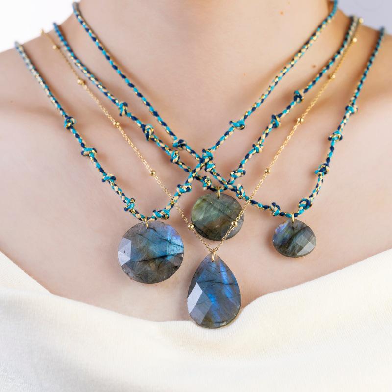Elegant Blue Braided Rope Labradorite Necklace with Stainless Steel and Natural Stone Pendant