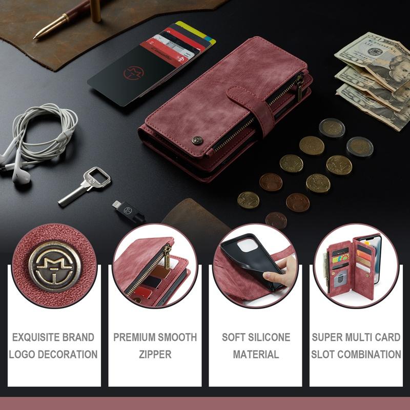 CaseMe Retro Matte PU Leather Double Layer Zipper Wallet Case Bag for iPhone Samsung Xiaomi Multi-function Flip Covers with 10 Card Holder