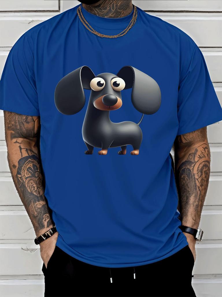 Cute Cartoon Black Dachshund Pet Animal Graphic Unisexs Cotton Crew Neck Tee Short Sleeve Loose Casual Daily Street Male Wear Top