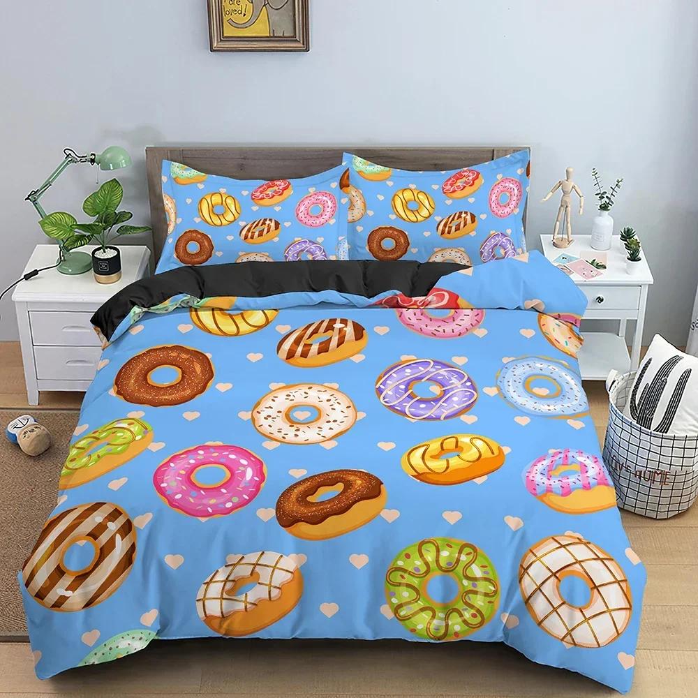 Donut Print Comfortable Duvet Quilt Cover Pillowcase Bedding Set Children Bedroom Decoration Home Textile