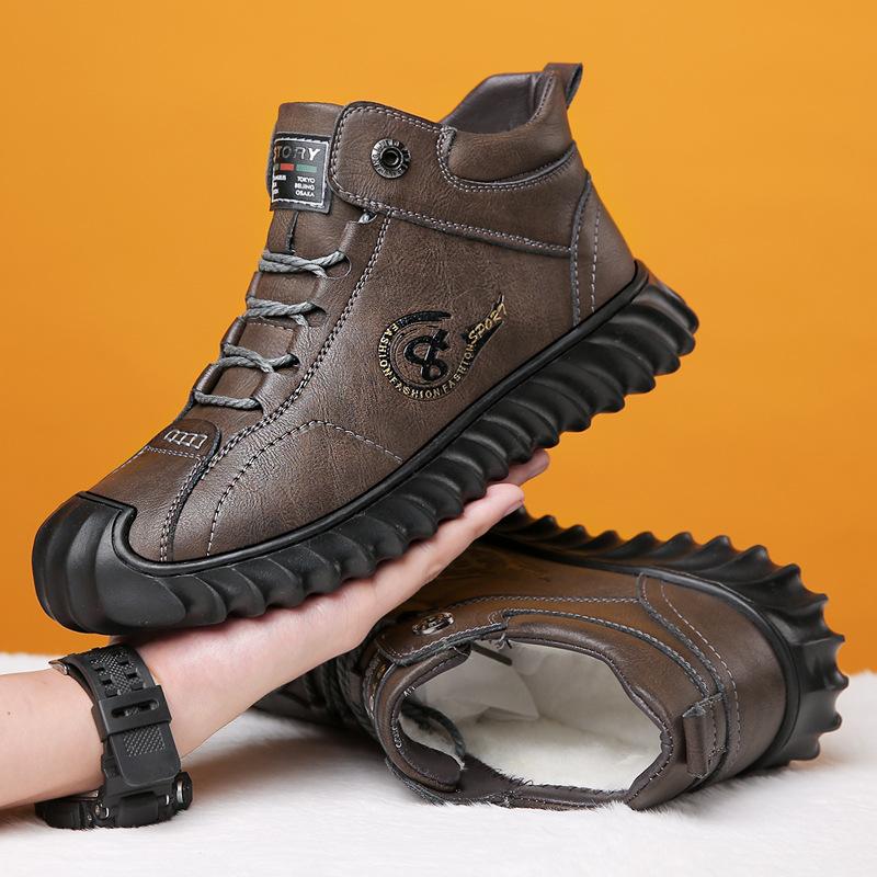 Fashion Winter Snow Boots for Men Cow Leather High Top Warm Cotton Shoes Male Fashion Casual New Designer Round Head Ankle Boots Men
