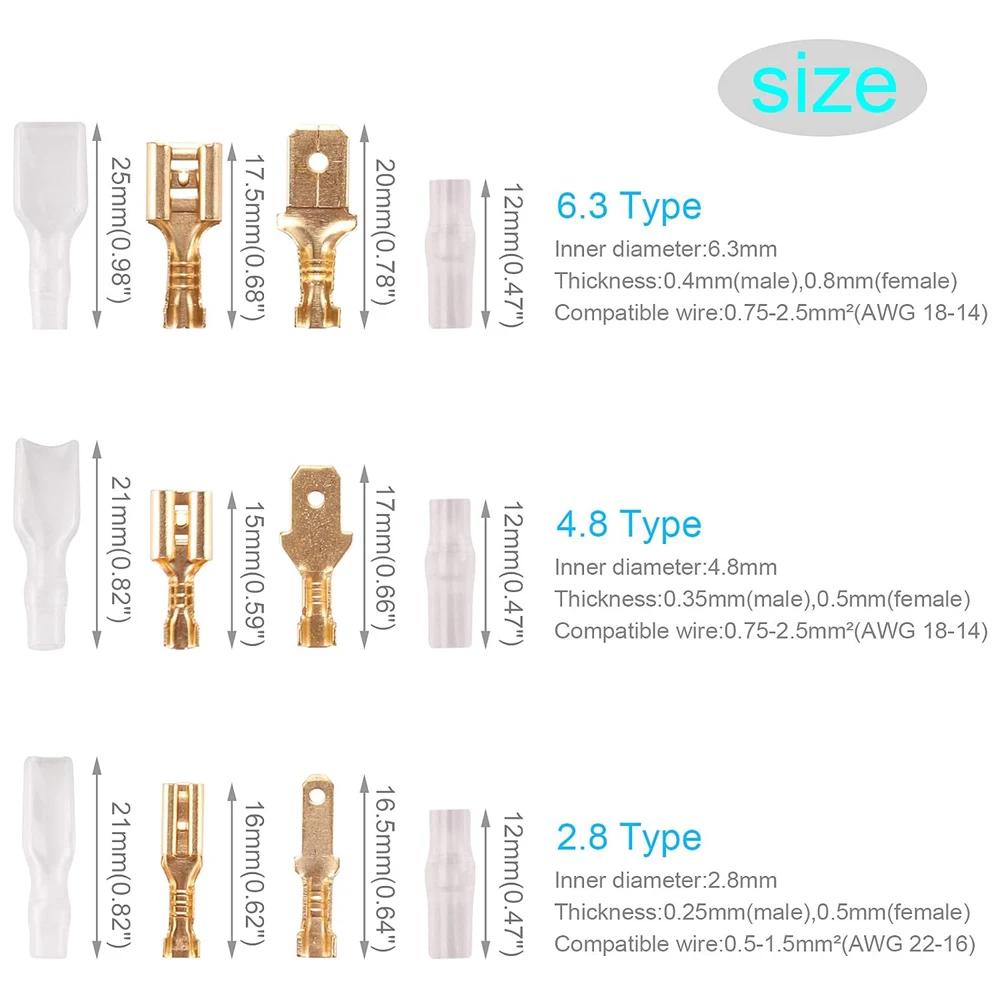 2.8/4.8/6.3mm Wire Crimp Terminals Kit Copper Male Female Wire Spade Connectors with Insulated Sleeve Electrical Conector Box