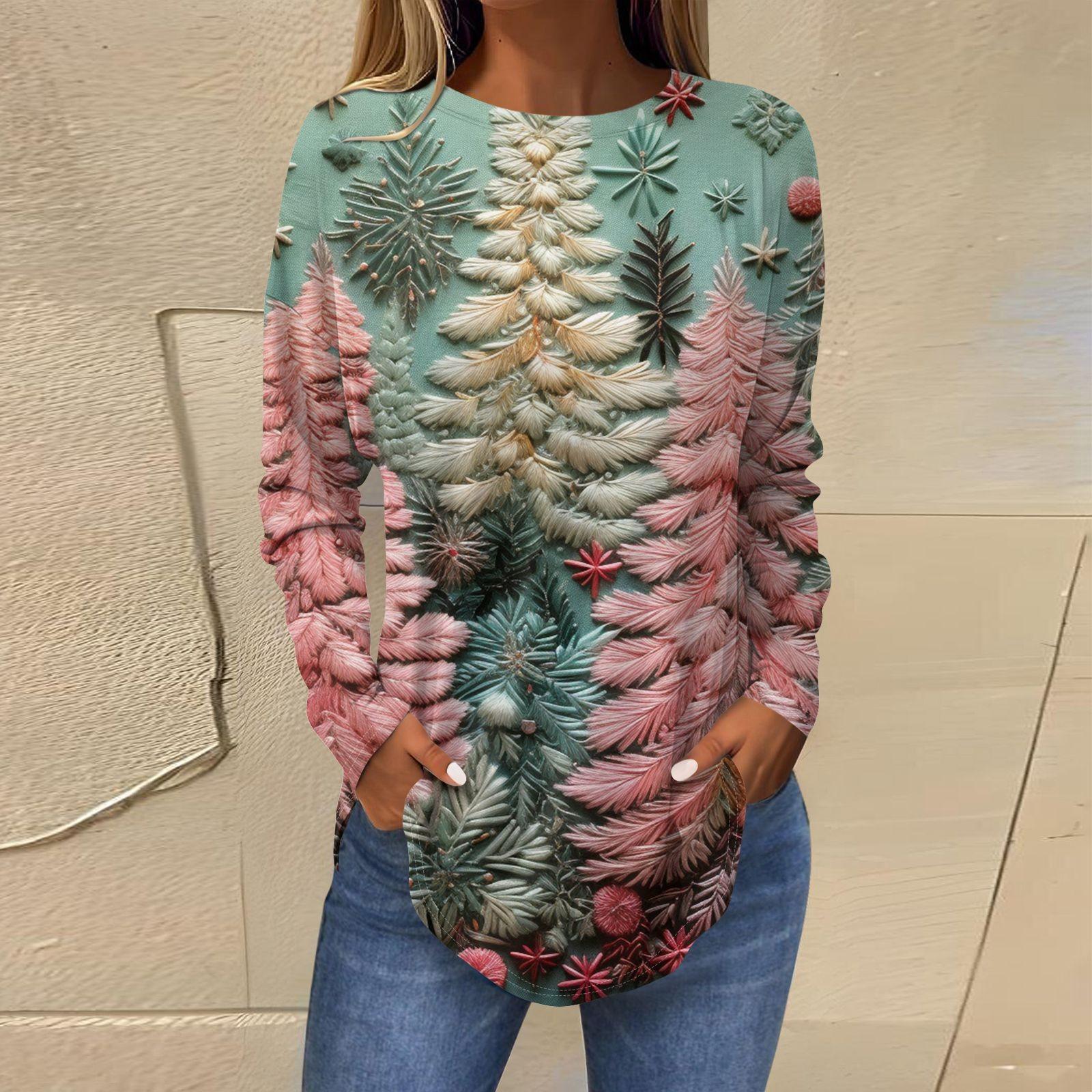 

Женская свободная футболка с круглым вырезом и длинными рукавами с принтом в стиле ретро, пуловер на Рождество S