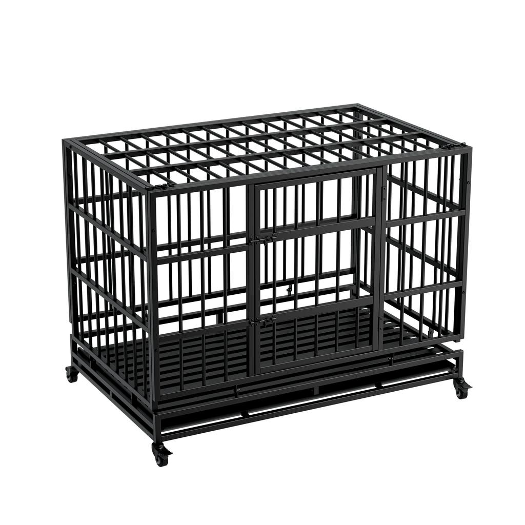 48 Inch Heavy Duty Indestructible Dog Crate with Wheels, Folding Metal Big Dog Cage for Large and Medium Dogs, Cage with Removable Wire Trays