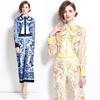 Spring Autumn Fashion Designer Print Runway 2 Piece Set Women Lapel Shirt And Elastic Waist Pocket Pant Suit