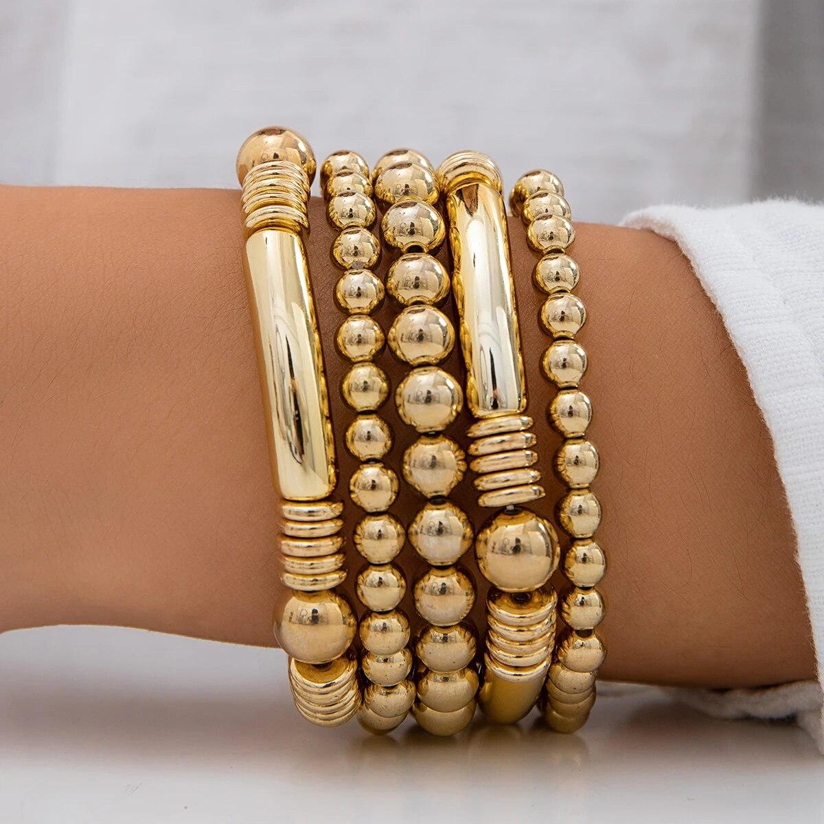 

5Pcs/Set Punk Vintage Gold Color Round Beads Bracelets for Women Exaggerated Big Ball Elastic Charm Bangles HipHop Party Jewelry