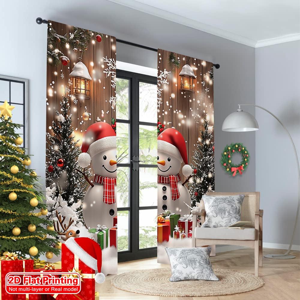 2pcs 2D flat printing Christmas Party Curtain Winter Christmas, Rural Snowman Christmas Polyester Fabric Without Electricity