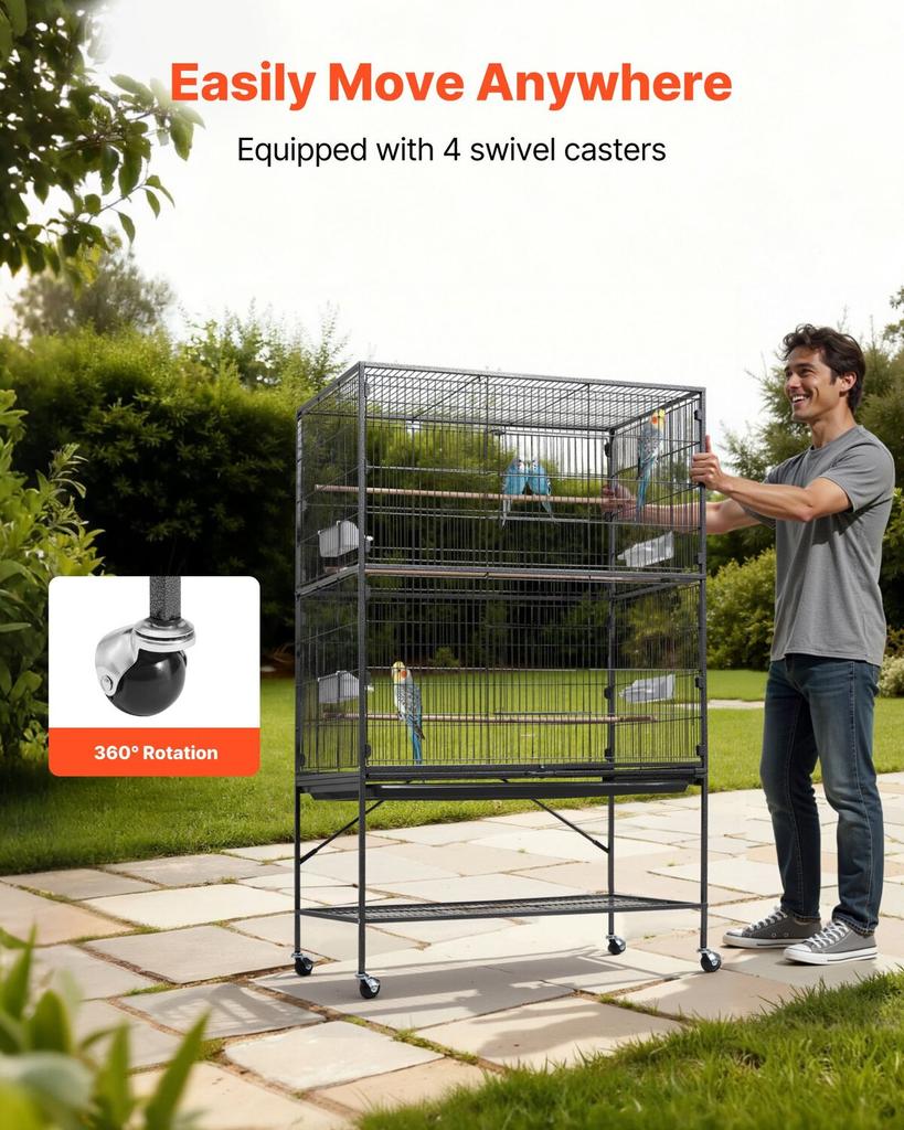 Bird Cage, 930 X 580 X 1510 Mm, Flat Top, Wrought Iron Bird Flight Cage with Perches, Slide-Out Tray and Plastic Feeders, for Blue Tit, Cockatiel,