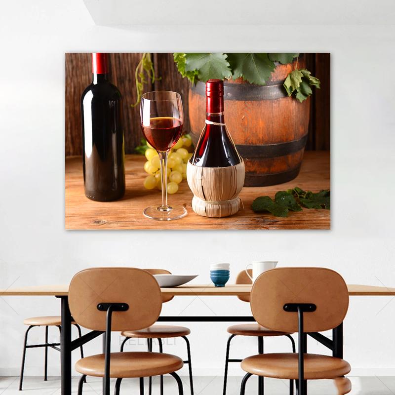 Wine Glass Bottle Posters and Prints Canvas Painting Wall Art Pictures for Dining Room Home Decor Grapes Wooden Barrel Cuadros