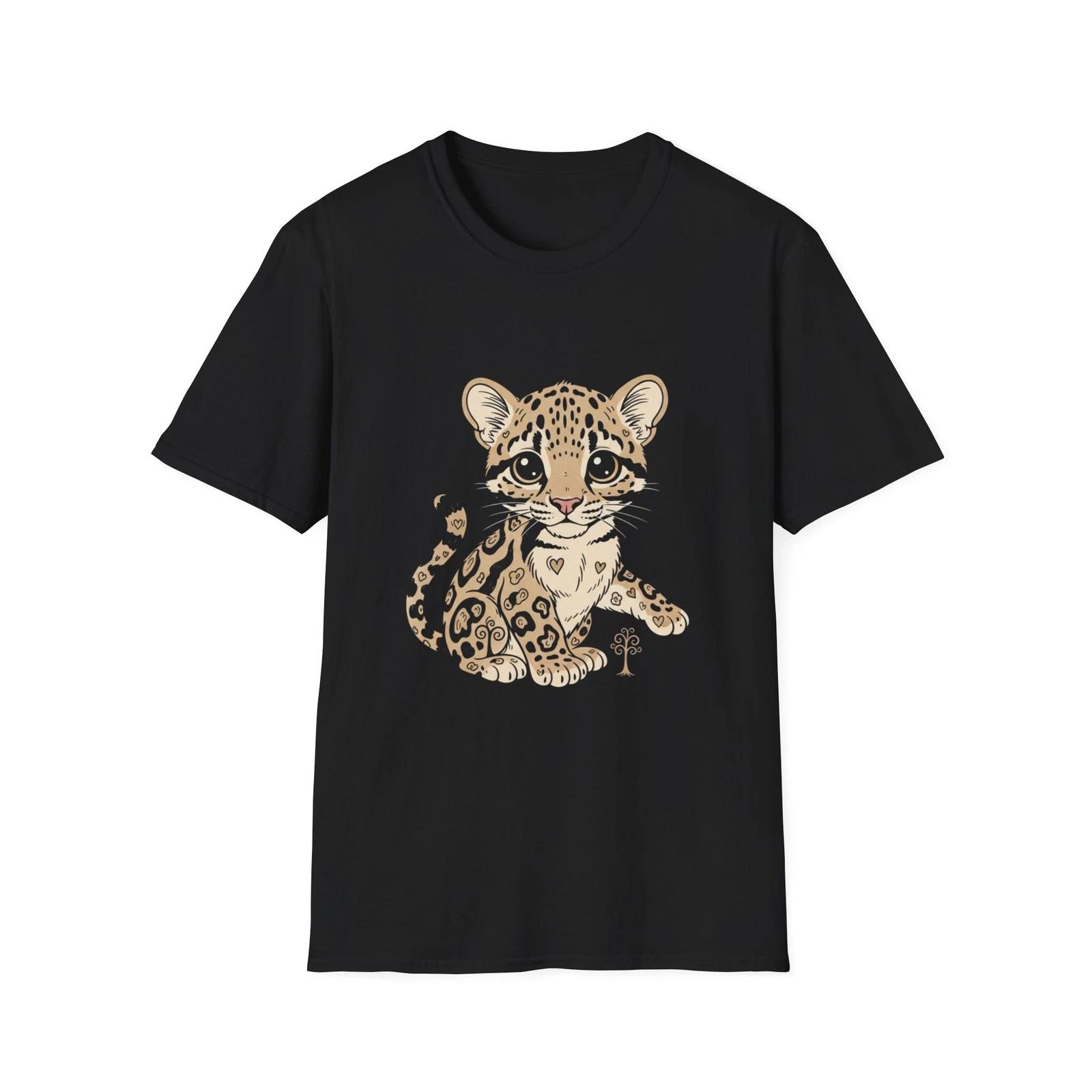 Ocelot Cute Kawaii Illustrated Black Tee Nature Animal Graphic T-Shirt L