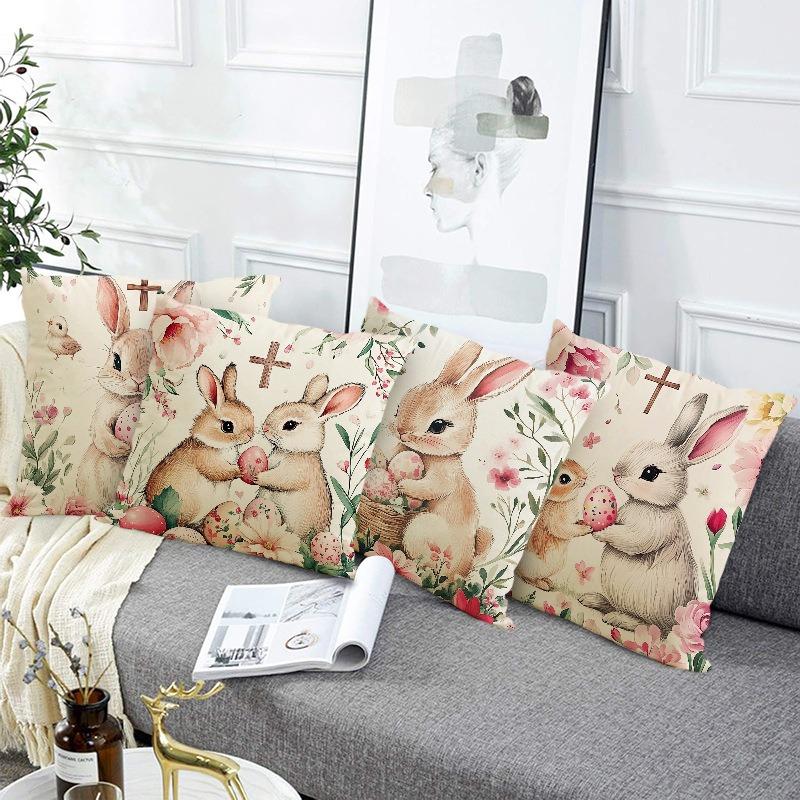 Easter Cute Bunny Print Pattern Home Decor Pillowcase Bedroom Living Room Sofa Decoration Polyester Cushion Cover with Zipper