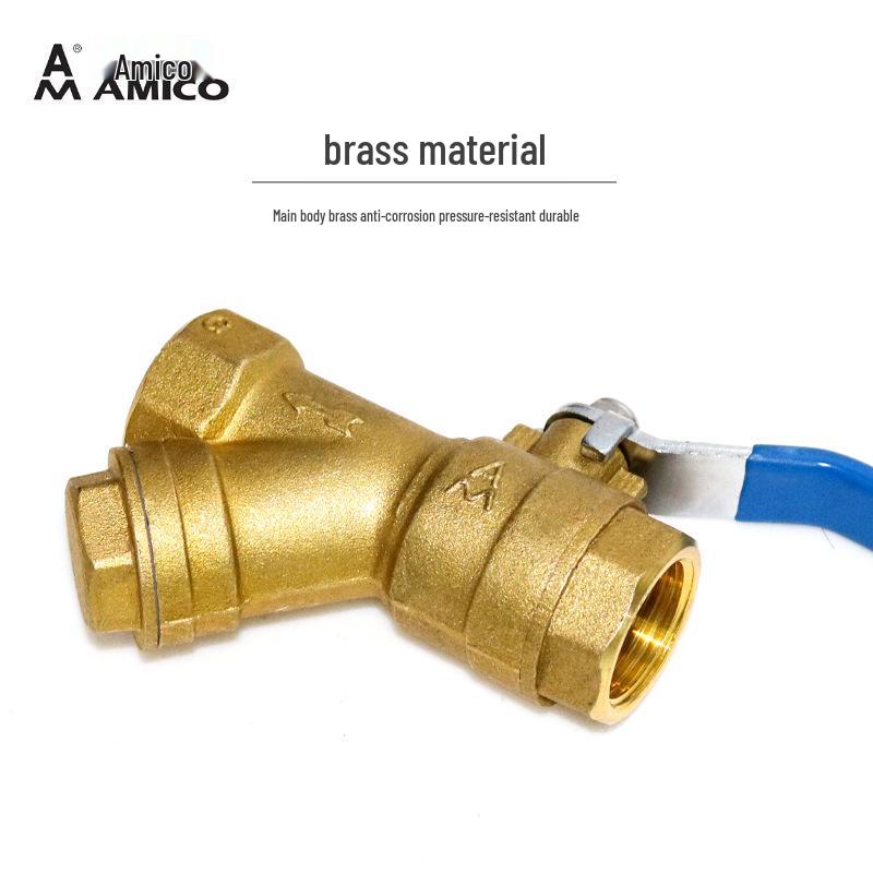 Genuine AMEIKO Brass Filter Ball Valve with Female Thread for Water & Air Conditioning - Manual Valve, 4/6 Points, 1 Inch.