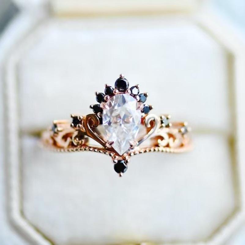

European and American new fashion crown shape water drop-shaped zircon inlaid luxury personalized women s ring 7&ROSE GOLD COLOR белый
