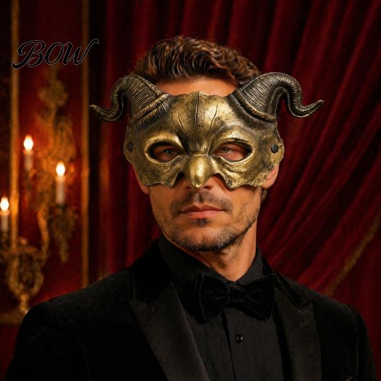 Horned Demon Mask Halloween Ram Horn Mask, Horror Devil Half Face Gothic Lightweight Masquerade for Cosplay Costume Party Half-face