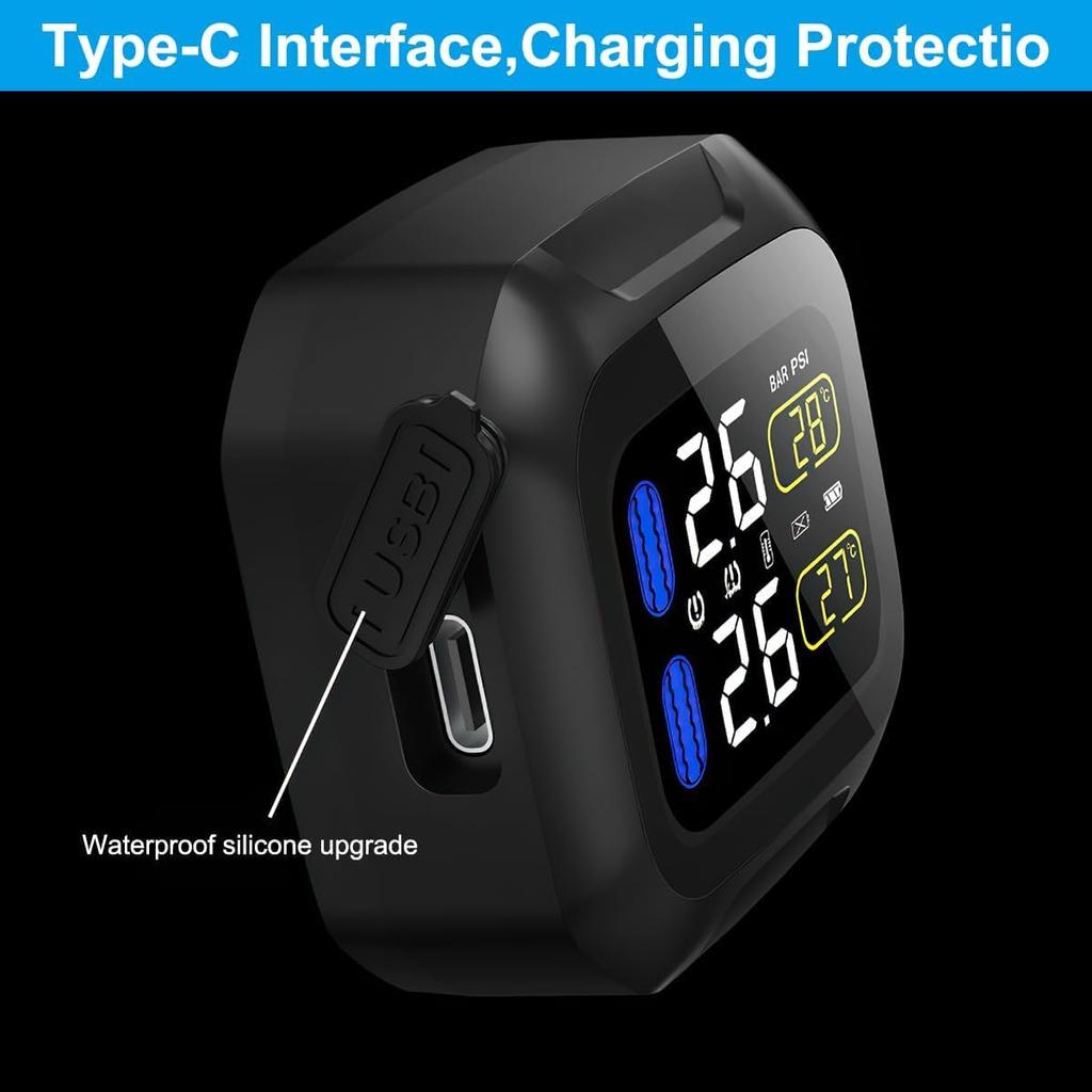 OBEST Motorcycle TPMS Tire Pressure Monitor System with 2 Silver External Sensors,USB Rechargeable IP67 Waterproof Motorcy