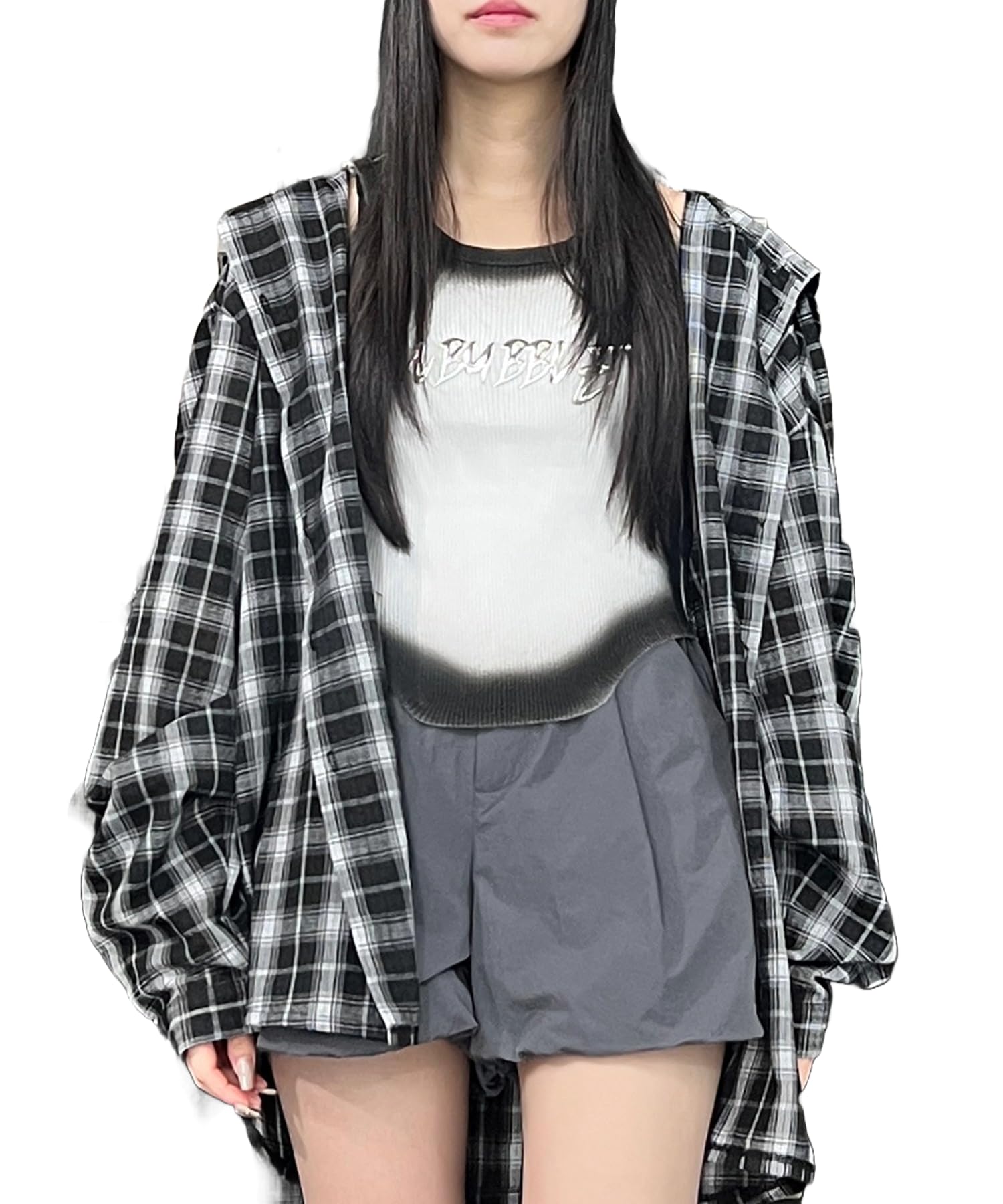 

WEGO Figments Рубашка с капюшоном в клетку оверсайз черная, женская, чёрный