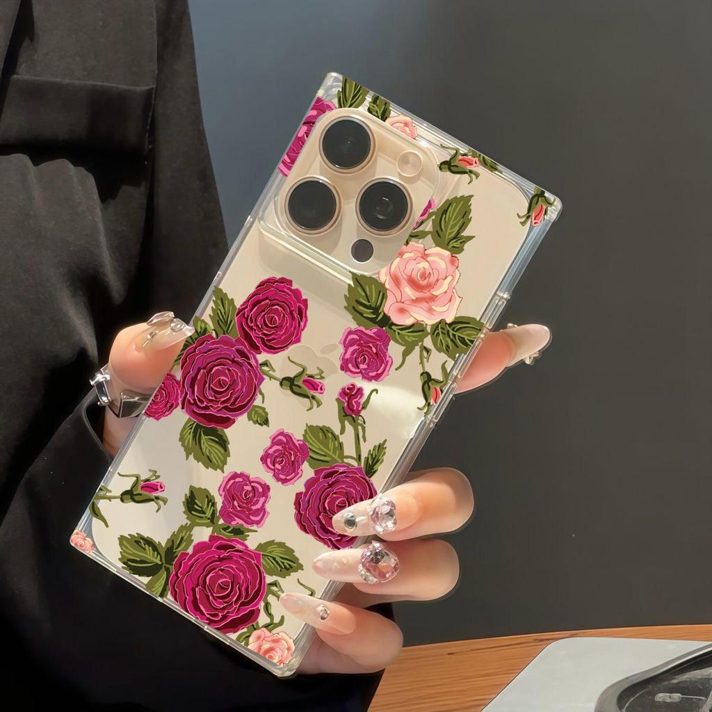 Square Back Tube Protection Clear Case For iPhone 11 13 16 ProMax 15 Plus 14 Pro Max 12 Anti-Oxygen,Full Screen Rose Pattern Casing