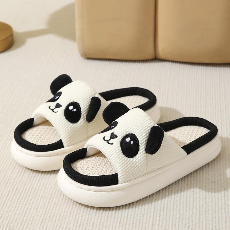 Linen slippers female cute panda style four seasons household PVC soft bottom couple cartoon cotton and linen slippers