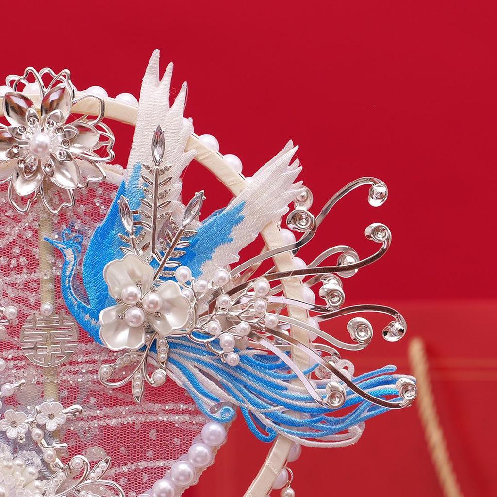 Handmade Long Handle Chinese Xiuhe Silver Wedding Fan, Double-Sided Round Face Cover Gift Fan