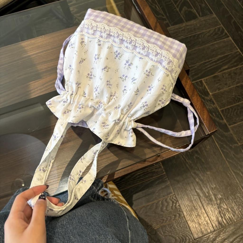 Floral Plaid Lace Women's Drawstring Shoulder Bags Student Commuter Ladies Tote Handbags Large Capacity Portable Girl Lunch Bag