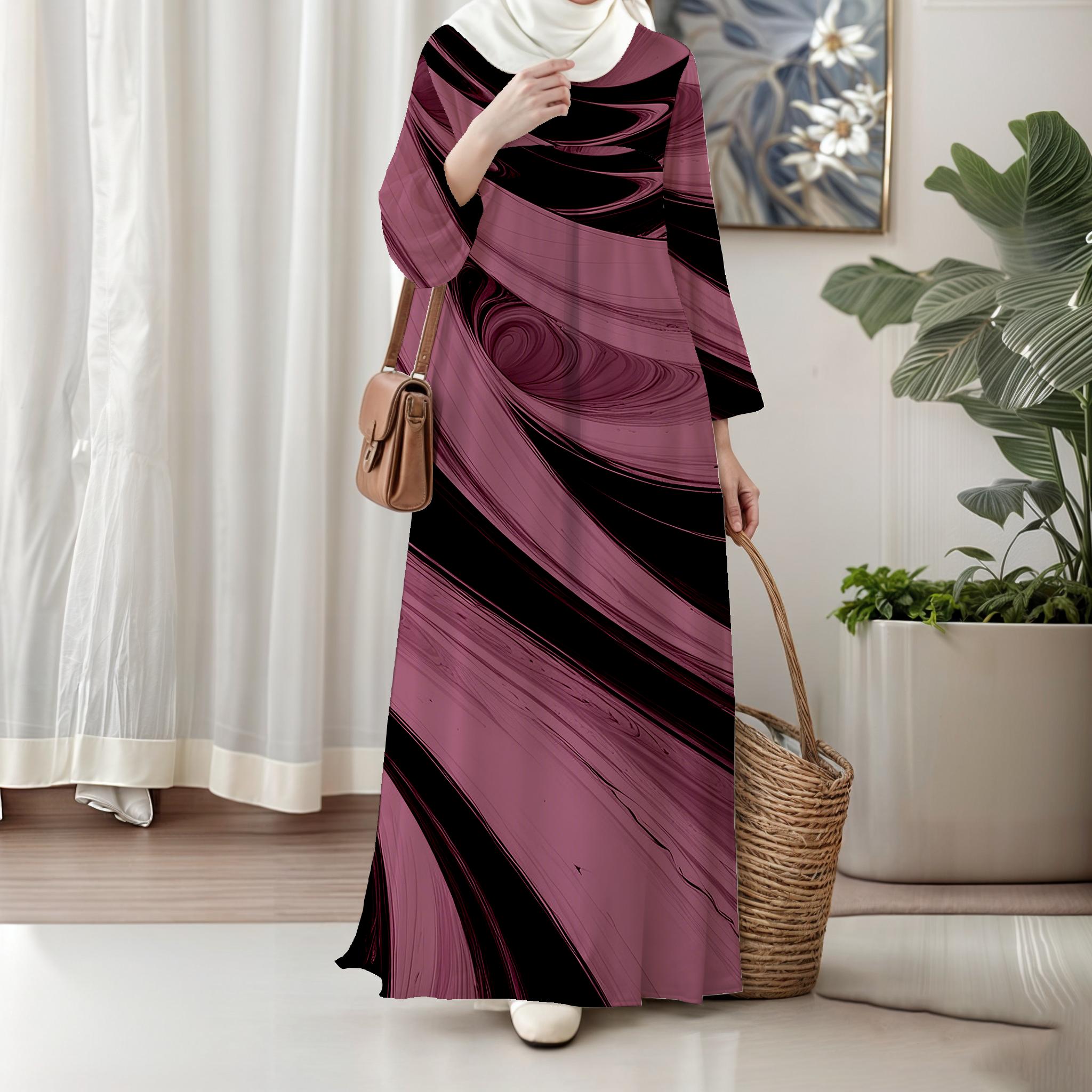 

Women s skirt, ink printing, long-sleeved slim skirt, soft and comfortable fabric, loose, slim effect, suitable for Muslim style 5XL золотий