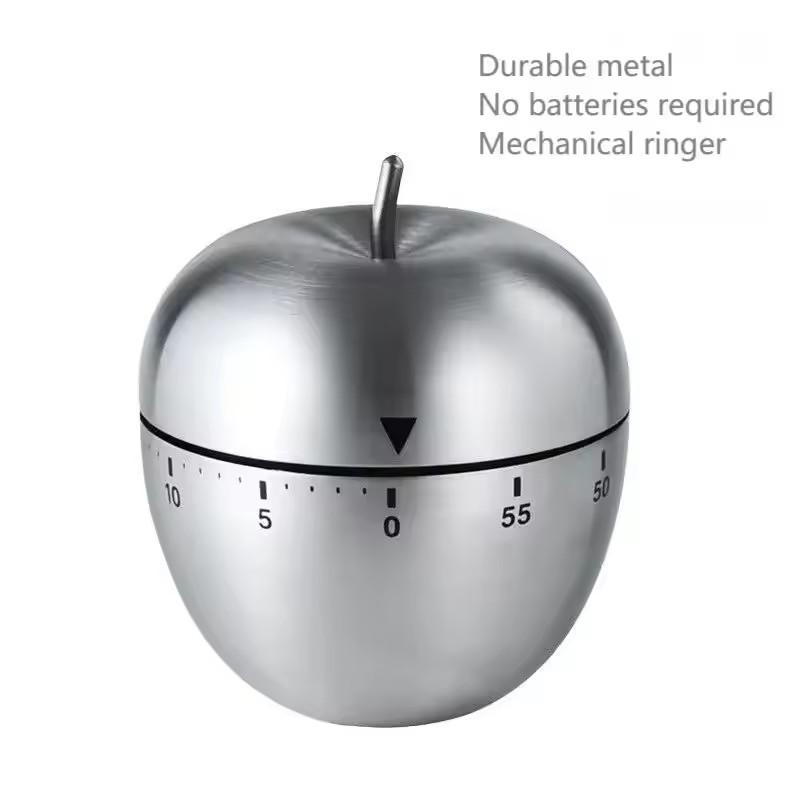 Stainless Steel Egg/Apple Shaped Manual Mechanical Kitchen Timer (battery Free) Countdown Cooking Tool with Loud Sound Reminder