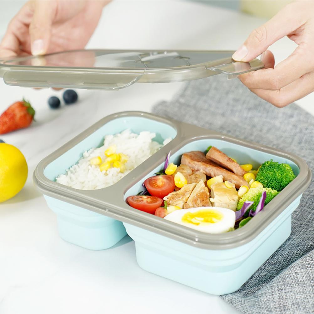 Silicone Collapsible Lunchbox 2 Compartments Large Bento Box Microwave Dishwasher Freezer Lunchbox