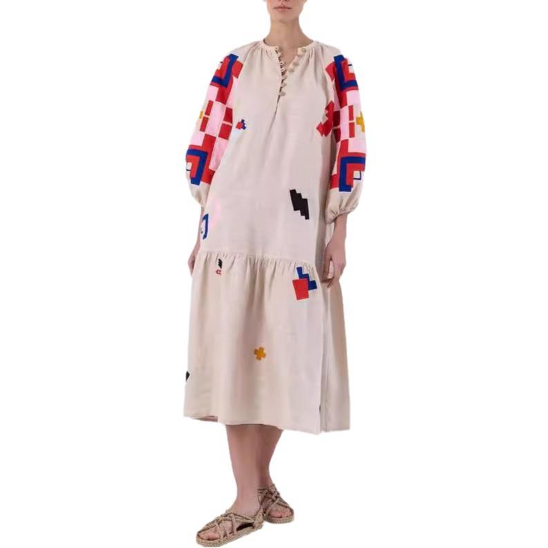 2024 New Autumn/Winter Loose Printed Casual Lantern Sleeve Dress for Women