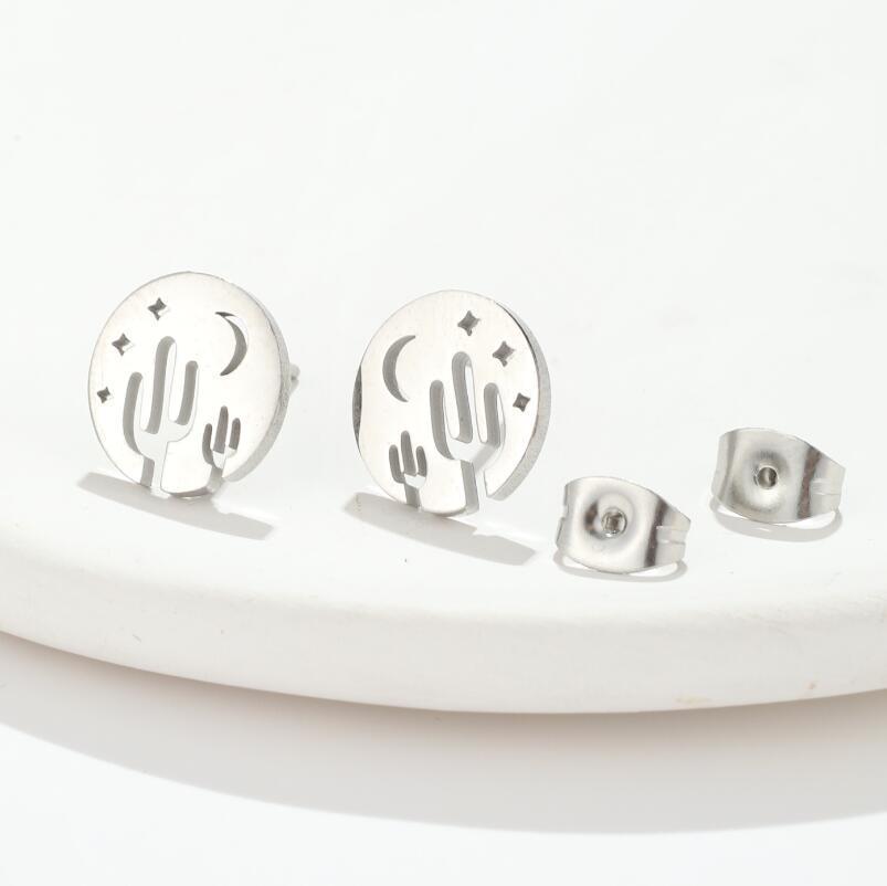 Geometric Round Stud Earrings - Hollow Star, Moon, and Cactus Design