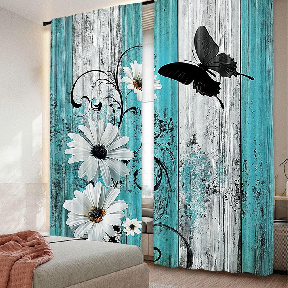 

2Pcs Teal Turquoise Curtain Aqua Floral Blue White Curtains Decor Home Decor Bedroom Apartment Living Room Window 100*130 Grommet Top 1pcs