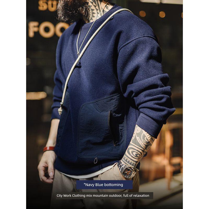 Madden Parka American Retro Heavy Weight Woolen Sweatshirt Loose and Warm Patchwork Pocket round Neck Tops Men's Autumn and Winter