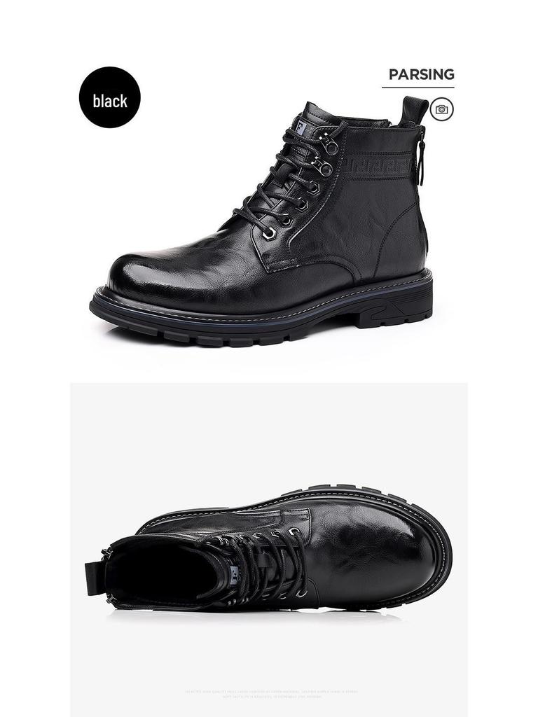 Men's Black High-Top Martin Boots - British Style Casual Motorcycle Leather Footwear for Autumn and Winter.