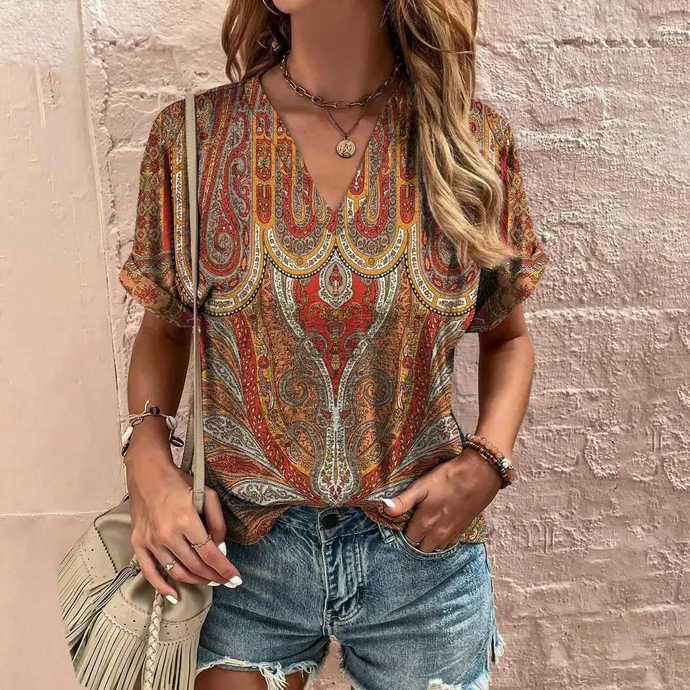 New Leopard Print Colour Blocking T-shirt V-neck Shirt Fashion Women's Tops Summer Clothes Casual and Comfortable