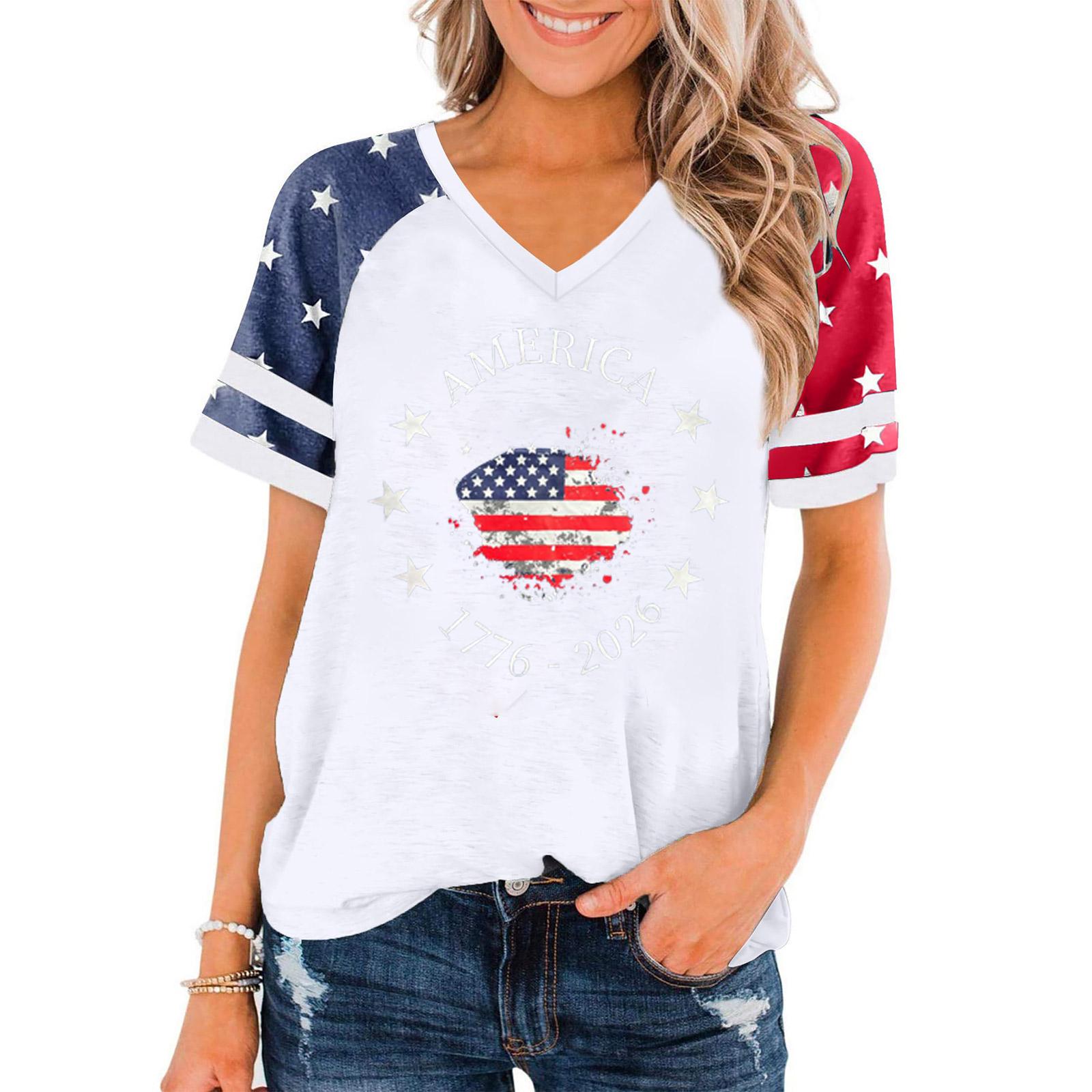 

Women Casual V Neck Short Sleeve Pullover T Shirt Independence Day Graphic Print Top Loose Fit Comfortable Summer Tee L білий