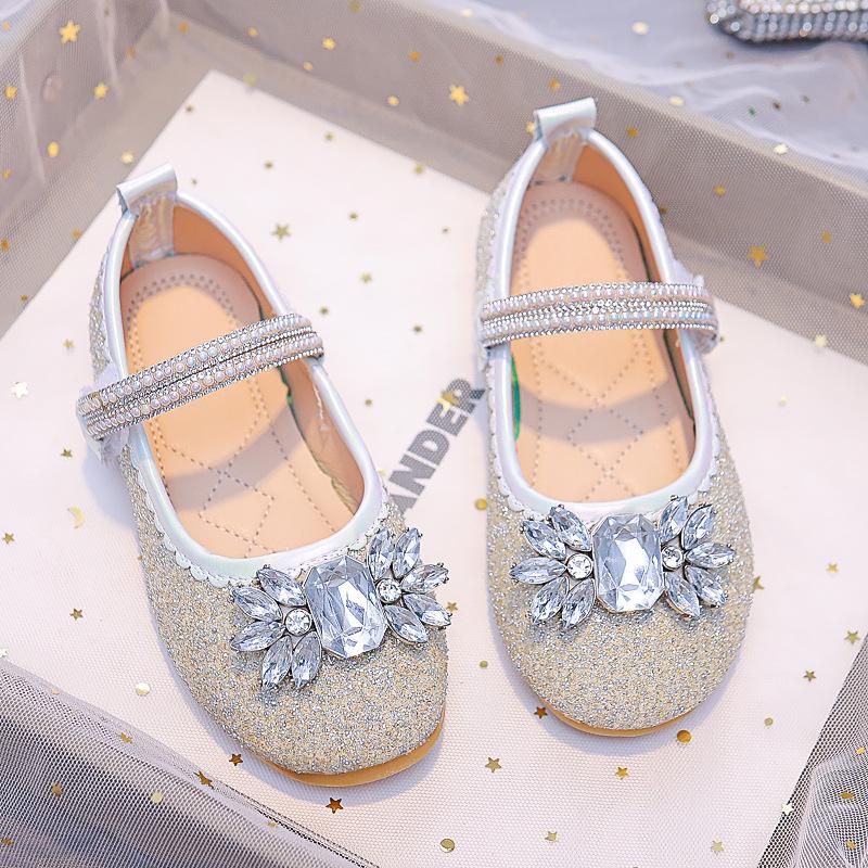 Girls' Rhinestone Princess Shoes: New 2025 Spring/Autumn Round-Toe Soft-Sole Shoes for Toddlers Ages 3-12, Perfect for Performances.