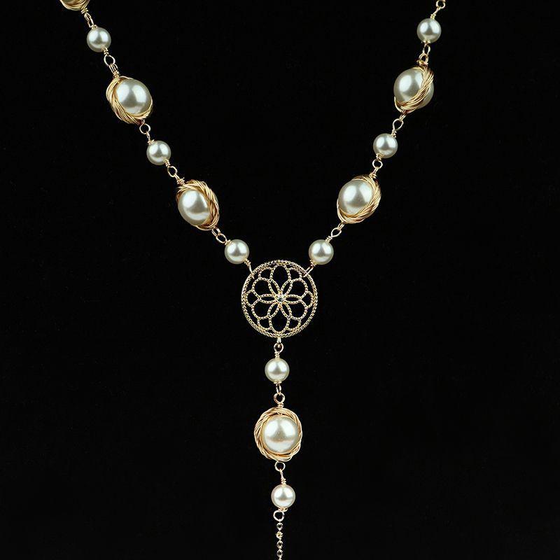 Handmade Freshwater Pearl Pendant Necklace Women Vintage Wrap Wire Sweater Chain Boho Chic Jewelry