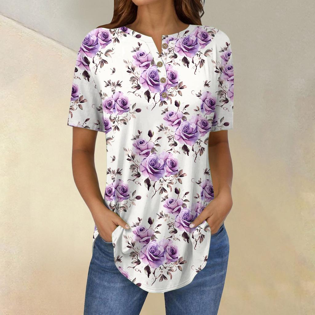 Short Sleeve Womens Tops Summer T-Shirts Floral Print V Neck Casual Basic Tee Button Shirts Tunic Tops
